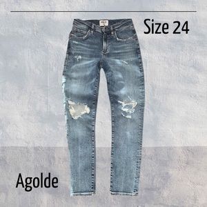 AGOLDE PREMIUM JEANS, pinched waist, distressed blue, size 24.